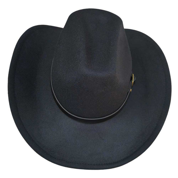 Black-Faux Leather Belt Pointed Western Cowboy Fedora Hat, Made with high-quality faux leather, this fedora hat features a pointed design and a belt for added style. Perfect for any occasion, it's the perfect accessory for any fashion-savvy individual. Upgrade your look with this must-have hat.