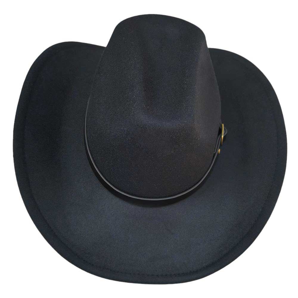 Black-Faux Leather Belt Pointed Western Cowboy Fedora Hat, Made with high-quality faux leather, this fedora hat features a pointed design and a belt for added style. Perfect for any occasion, it's the perfect accessory for any fashion-savvy individual. Upgrade your look with this must-have hat.