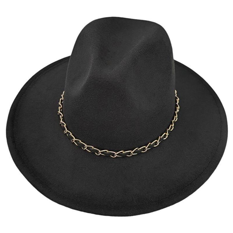 Black Vegan Leather Braided Chain Band Fedora Hat The Renaissance – Black Vegan Suede Cordobés Hat with Gold  main image 2
