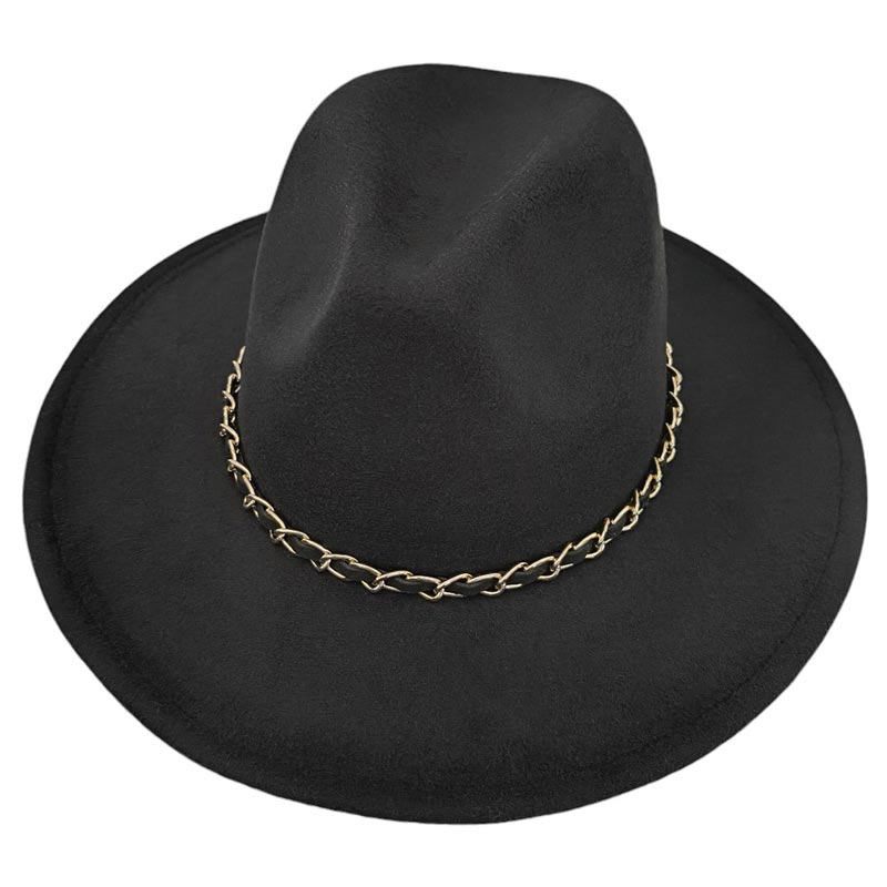 Black-Faux Leather Braided Chain Band Pointed Fedora Hat offers a sleek and stylish accessory for any outfit. Made with high quality materials, the faux leather and braided chain band add a touch of sophistication to the classic pointed fedora shape. Upgrade your look with this trendy and durable hat.