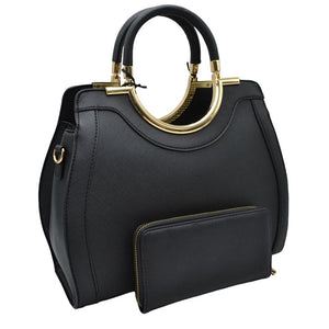 Black Faux Leather Round Top Handle Tote Bag With Wallet, is stylish and functional. Crafted from high-quality faux leather, this bag features a round top handle for easy carrying. The included wallet provides you with a secure place to store small items. Keep your belongings safe and look fashionable at the same time.