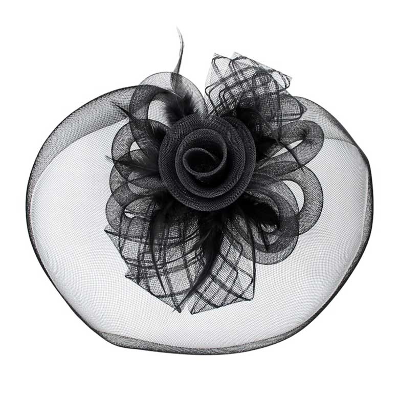 Black Feather Mesh Flower Fascinator Headband, Accentuate your look with this. Crafted with mesh and feathers, this headband brings an elegant touch to any outfit. The unique flower shape gives it a timeless and classic look. Perfect for gifting, any occasion, or everyday wear.
