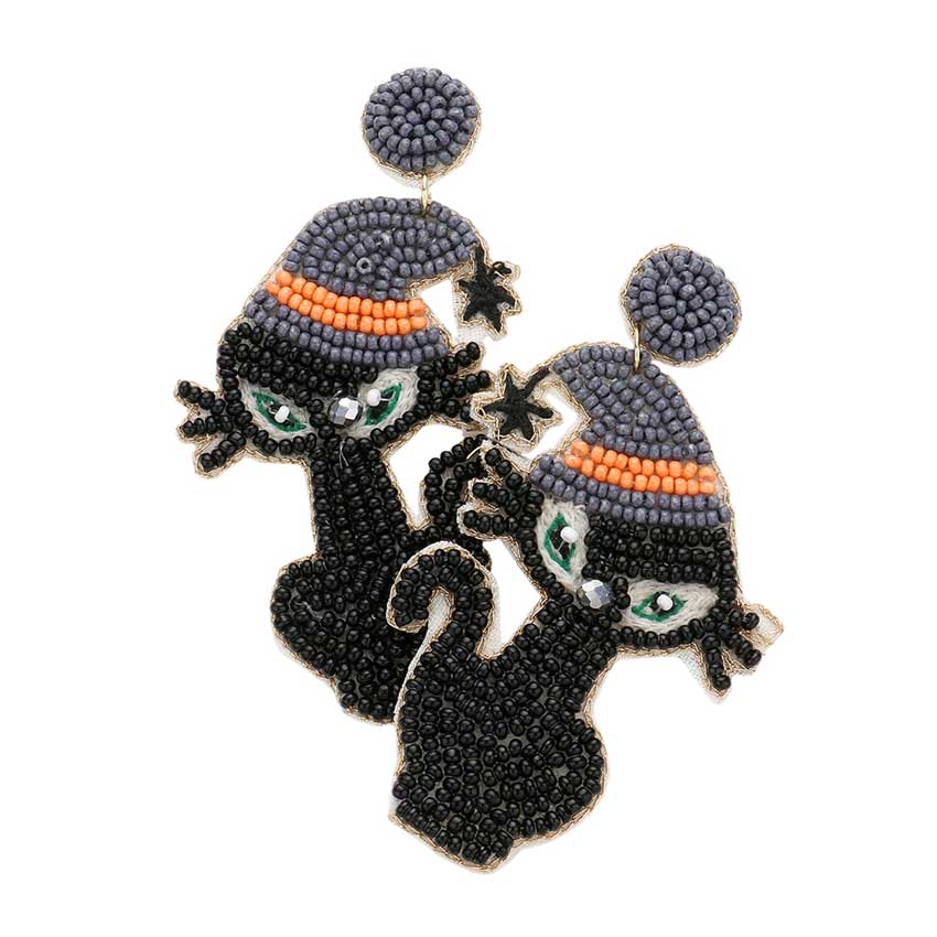 Black Felt Back Seed Beaded Witch Hat Cat Dangle Earrings, are fun handcrafted jewelry that fits your lifestyle, adding a pop of pretty color. This pretty & tiny earring will surely bring a smile to one's face as a gift. This is the perfect gift for Halloween, especially for your friends, family, and the people you love.