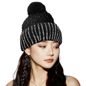 Black Fleece Lining Rhinestone Embellished Pom Pom Beanie Hat. Stay warm and stylish with this. Made of a cozy knit blend and featuring a luxurious rhinestone embellishment, this hat provides a fashion-forward look while keeping you warm and comfortable. Perfect seasonal gift idea for fashion-loving close people!