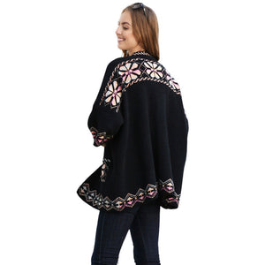 Black Floral Geometric Cardigan Poncho, features a unique floral geometric design that's sure to make you stand out in any crowd. Perfect for winter, it'll keep you warm and add a splash of color to your wardrobe. Lightweight and comfortable, it is the perfect addition to any outfit. Perfect winter gift for your loved ones.