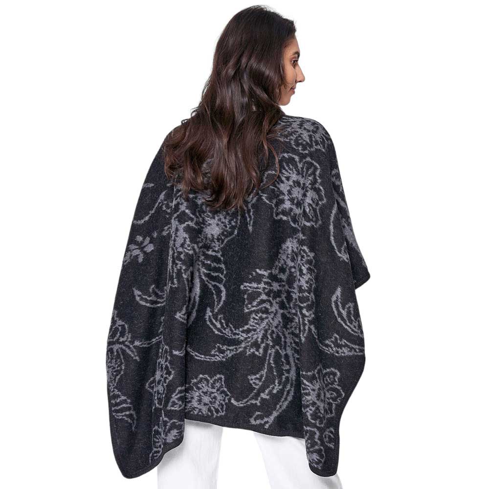 Black Floral Patterned Woven Ruana Poncho, with the latest trend in ladies' outfit cover-up! the high-quality woven ruana poncho is soft, comfortable, and warm but lightweight. It's perfect for your daily, casual, party, vacation, and other special events outfits. A fantastic gift for your friends or family.