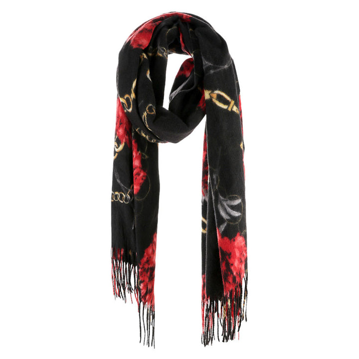 Black Flower Chain Print Tassel Oblong Scarf, accent your look with this soft oblong scarf to receive compliments. It gives many options to dress your attire up and goes well with everything. Perfect gift for wife, mom, birthday, holiday, anniversary, fun night out, or Valentine's Day gift.