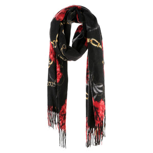 Black Flower Chain Print Tassel Oblong Scarf, accent your look with this soft oblong scarf to receive compliments. It gives many options to dress your attire up and goes well with everything. Perfect gift for wife, mom, birthday, holiday, anniversary, fun night out, or Valentine's Day gift.