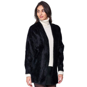 Black Fuzzy Open Front Knit Cardigan, is a perfect way to keep warm and stylish. Crafted with soft and cozy fabric, it offers plenty of warmth, comfort, and a versatile look. Its open front drapes beautifully to create a flattering fit, while its long-sleeve design offers protection against the elements.