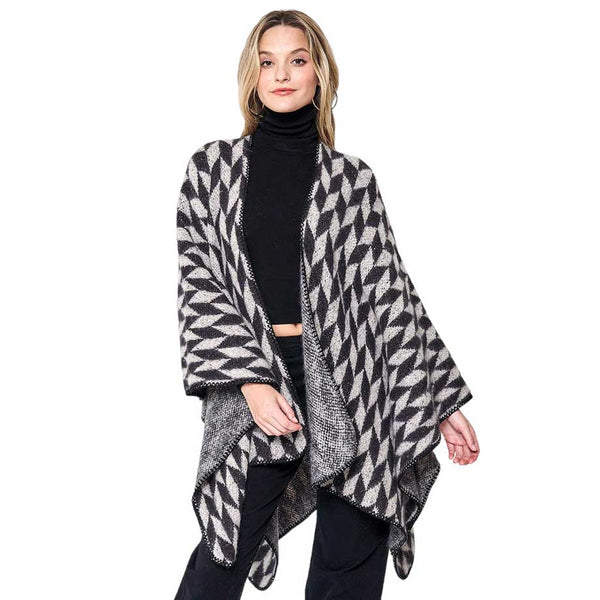 Black Geometric Patterned Knit Kimono Poncho, adds a stylish touch to any outfit. Crafted with care, the quality of this poncho gives you a comfy fit and feel. Enjoy a unique blend of fashion and comfort. A thoughtful gift for fashion-loving friends and family members, special ones, and colleagues this winter.