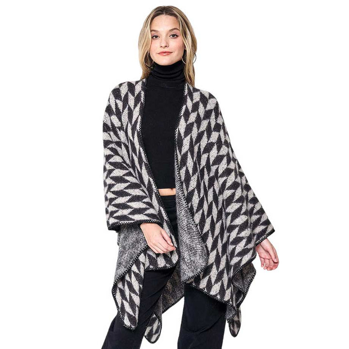 Black Geometric Patterned Knit Kimono Poncho, adds a stylish touch to any outfit. Crafted with care, the quality of this poncho gives you a comfy fit and feel. Enjoy a unique blend of fashion and comfort. A thoughtful gift for fashion-loving friends and family members, special ones, and colleagues this winter.