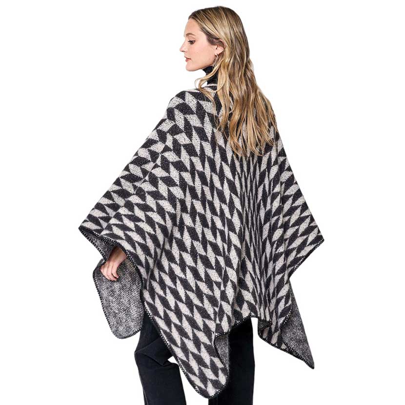 Black Geometric Patterned Knit Kimono Poncho, adds a stylish touch to any outfit. Crafted with care, the quality of this poncho gives you a comfy fit and feel. Enjoy a unique blend of fashion and comfort. A thoughtful gift for fashion-loving friends and family members, special ones, and colleagues this winter.