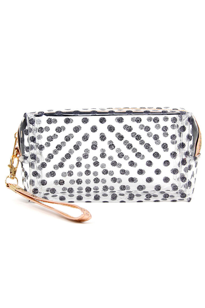 Glittered Polka Dots Pouch combines stylish design with practical functionality. Featuring a durable exterior adorned with shimmering polka dots, it offers a secure and elegant way to organize your essentials. Its compact size makes it ideal for daily use or travel, ensuring your items stay protected and easily accessible. Perfect for those who appreciate both fashion and utility in their accessories. 