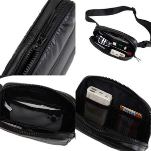 Black Glossy Puffer Rectangle Sling Bag Fanny Bag Belt Bag, this stylish is bag made from durable material to ensure maximum protection and comfort. It features a fashionable design with adjustable straps, and secure buckle closure ensuring your valuables are safe and secure. The perfect for any occasion, shopping, etc.