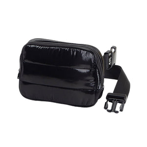 Black Glossy Puffer Rectangle Sling Bag Fanny Bag Belt Bag, this stylish is bag made from durable material to ensure maximum protection and comfort. It features a fashionable design with adjustable straps, and secure buckle closure ensuring your valuables are safe and secure. The perfect for any occasion, shopping, etc.