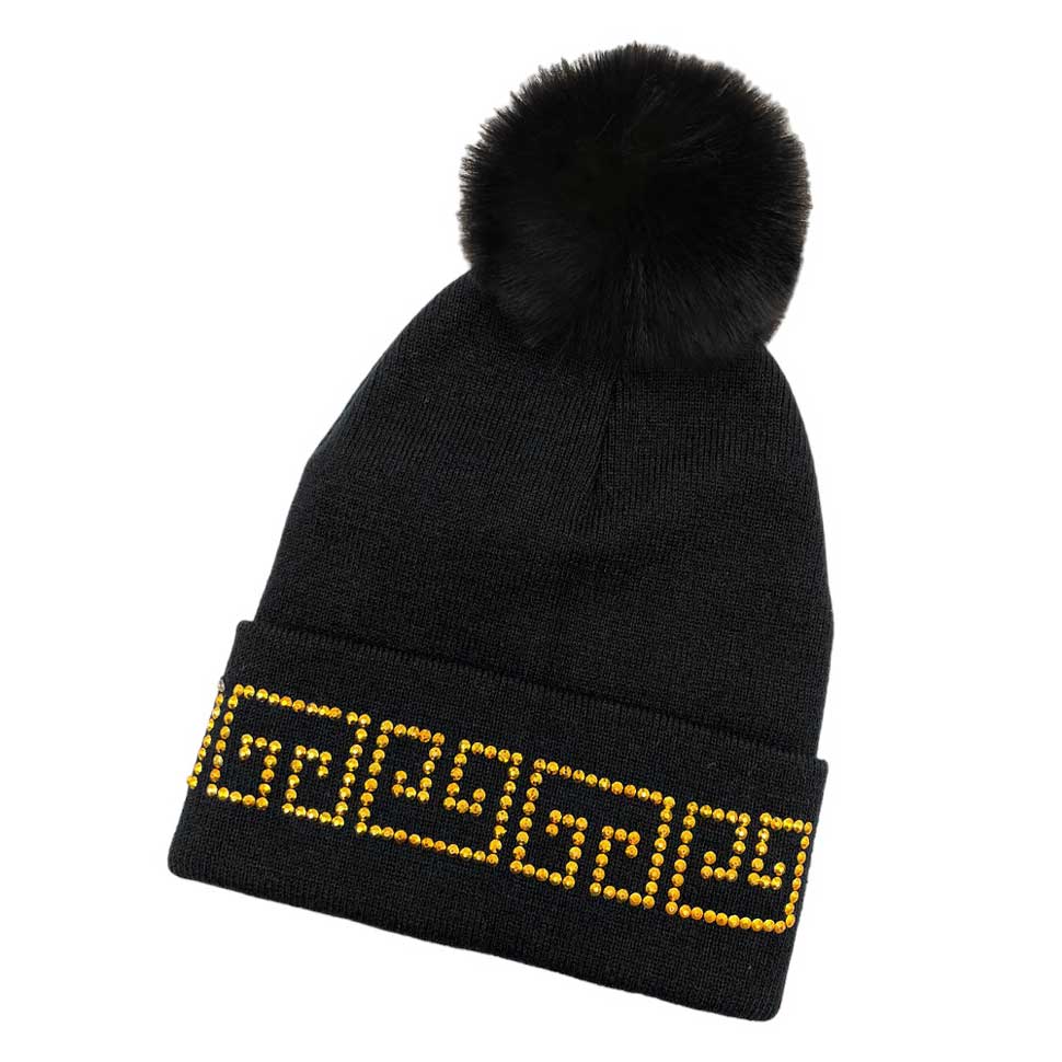 Black Gold Bling Greek Pattern Pom Pom Beanie Hat, this beanie hat is designed with a unique "bling" Greek pattern and is crafted from a soft material for a comfortable fit. The pom pom embellishment adds extra flair for a fashionable and fun look. Perfect winter gift idea for fashion-forwarded loved ones.