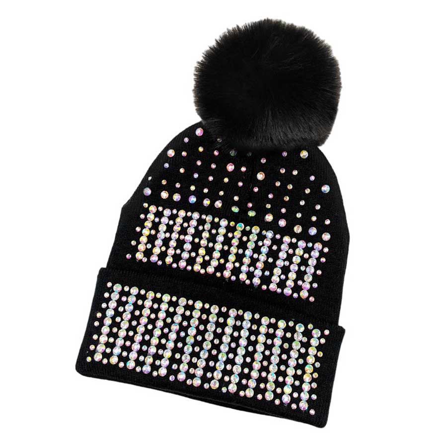 Black Gold Bling Pom Pom Beanie Hat, Look stylish this winter in this beanie ha. Features a beautifully sequined pattern and a luxurious faux fur pom-pom, designed to make a statement. It's perfect for any outdoor activity, keeping your head warm and fashionable. Perfect winter gift idea for fashion-loving ones.