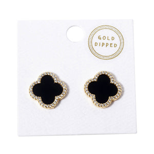 Black Gold Dipped Quatrefoil Stud Earrings, feature a quatrefoil pattern, crafted from gold-dipped lead & nickel compliant and secured with post backings. Showcase your refined style with these versatile earrings and dress up any outfit for any occasion. Nice and cute gift for your family members, friends, or loved ones.