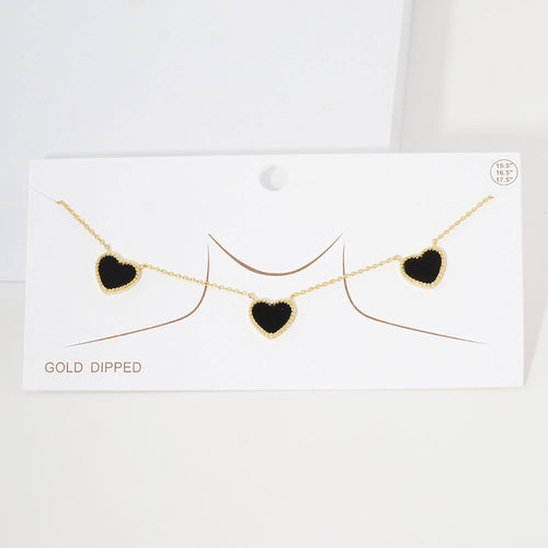 Gold Dipped Triple Heart Pendant Necklace - Black