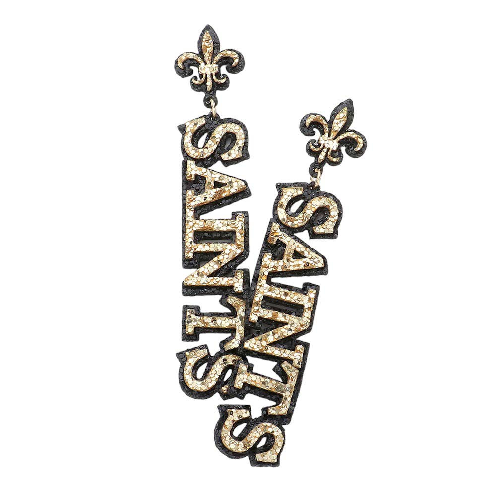 Black Gold Felt Back Glittered SAINTS Message Fleur de Lis Earrings, feature a felt backing and are decorated with the iconic Fleur de Lis. The earrings feature a unique message of 'Saints' inscribed in shiny glitter, making them perfect for the Saints fan. Nice gift gift idea for friends and family members in the festive season.
