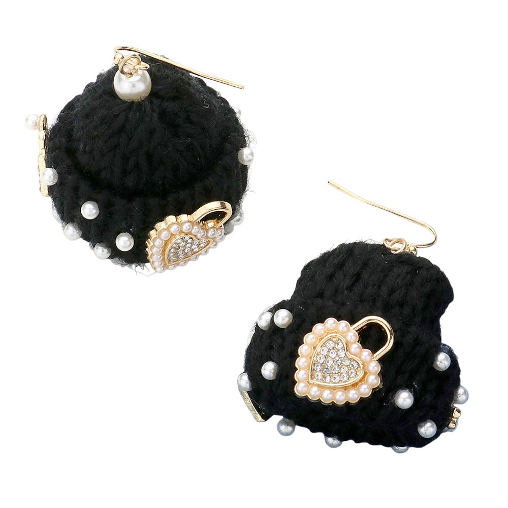 Black Gold Pearl Key Heart Lock Embellished Knit Beanie Hat Dangle Earrings, These Earrings offer a stylish yet functional design. With their fish hook back, these earrings have an easy-to-use design with a unique lock & key theme set with pearls for an extra special touch to your wardrobe. Show off your style with these today. 