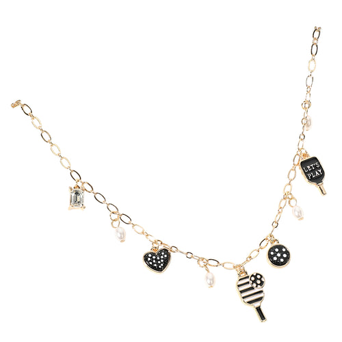 Collar con dije de perla de Pickleball esmaltado con mensaje "Let's Play" - Black Gold