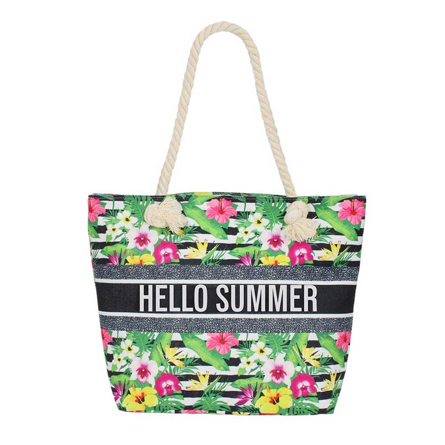 HELLO SUMMER Message Tropical Beach Bag Tote Bag is the perfect accessory for your sunny beach days. With its vibrant message and tropical design, it will make a statement wherever you go. Made with durable materials, it will keep your belongings safe and secure. Embrace the summer with this stylish and functional bag.