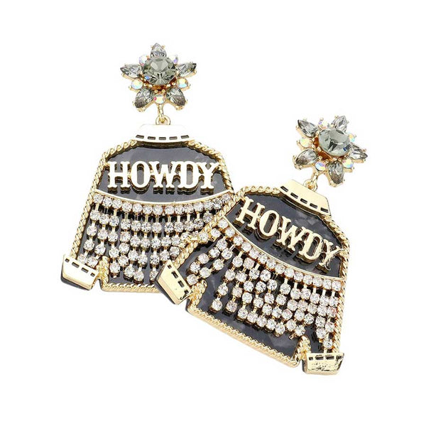 Black HOWDY Message Rhinestone Embellished Western Jacket Dangle Earrings, Step out in style with these luxurious western jacket dangle earrings adorned with sparkling rhinestones and a bold "HOWDY" message. These elegantly crafted earrings are the perfect accessory to add a touch of sophistication and glamour to any outfit.