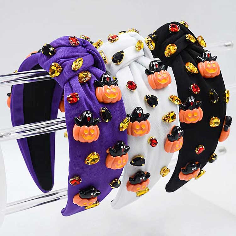 Black-Halloween Charm Stone Cluster Embellished Knot Headband. Made with high-quality materials, this headband adds a touch of elegance to any Halloween costume. With its unique charm stones and stylish knot design, it's sure to make a statement. Perfect for completing your Halloween look.