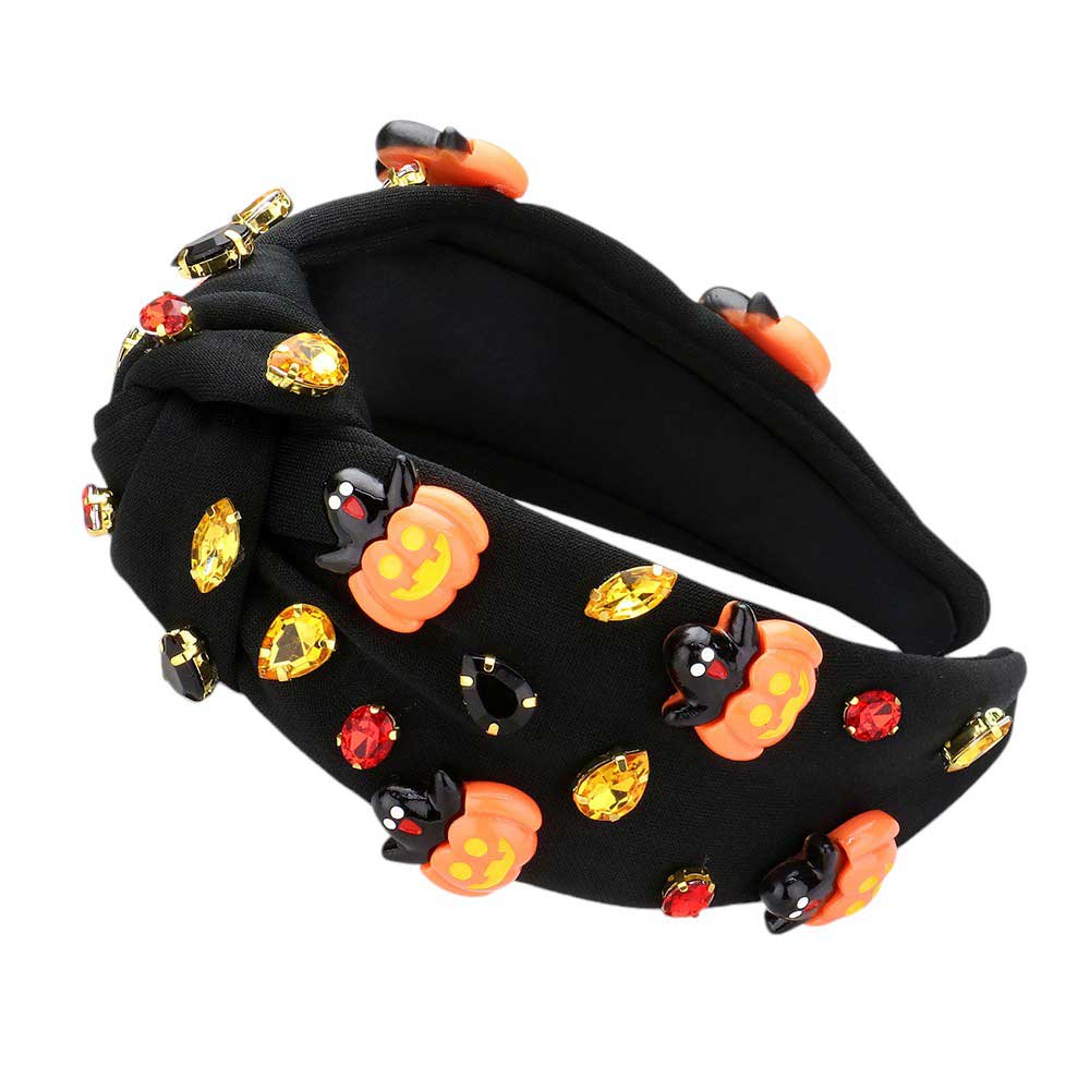 Black-Halloween Charm Stone Cluster Embellished Knot Headband. Made with high-quality materials, this headband adds a touch of elegance to any Halloween costume. With its unique charm stones and stylish knot design, it's sure to make a statement. Perfect for completing your Halloween look.