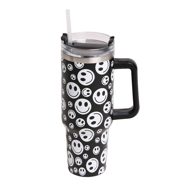 Black Happy Face Printed 40oz Stainless Steel Tumbler With Handle is perfect for keeping your drinks hot or cold for hours. Made of durable stainless steel and featuring a fun happy face print, this tumbler is a great addition to your drinkware collection. With its large 40oz capacity and convenient handle, you can enjoy your favorite beverages on the go while spreading joy and happiness.