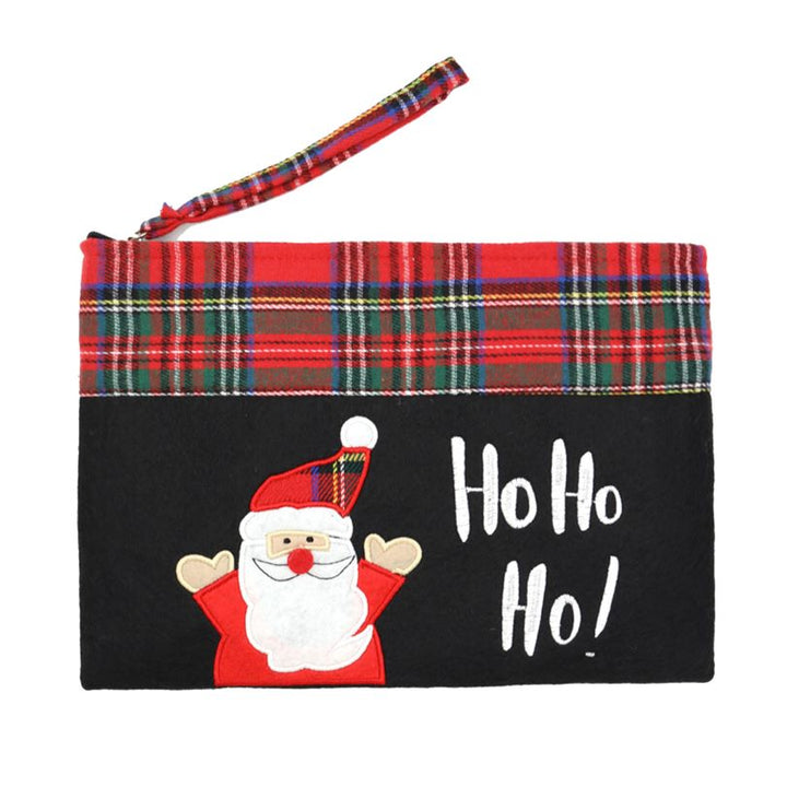 Holiday-themed zipper pouch with a cheerful Santa and “Ho Ho Ho” embroidery. Features a festive plaid trim and handy wrist strap. Ideal for gifting, organizing holiday essentials, or seasonal travel.