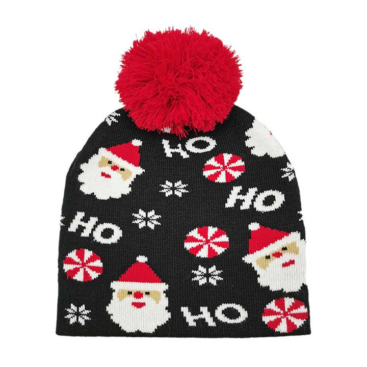 Black HoHoHo Message Santa Claus Candy Cane Pom Pom Beanie Hat. It's perfect for gifting to your loved ones on Christmas, or to treat yourself. Featuring an iconic message from Santa Claus himself, HoHoHo, this hat is perfect for spreading the cheer! It is an ideal winter accessory.