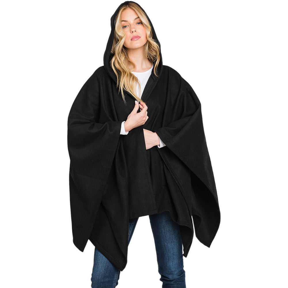 Black Hooded Solid Ruana Poncho, with the latest trend in ladies' outfit cover-up! the high-quality knit ruana poncho is soft, comfortable, and warm but lightweight. It's perfect for your daily, casual, party, evening, vacation, and other special events outfits. A fantastic gift for your friends or family.