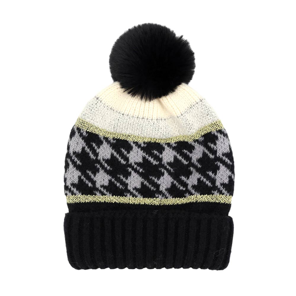 Black Houndstooth Patterned Pom Pom Beanie Hat, wear this beautiful beanie hat with any ensemble for the perfect finish before running out the door into the cool air. An awesome winter gift accessory and the perfect gift item for Birthdays, Stocking stuffers, Secret Santa, holidays, anniversaries, Valentine's Day, etc.