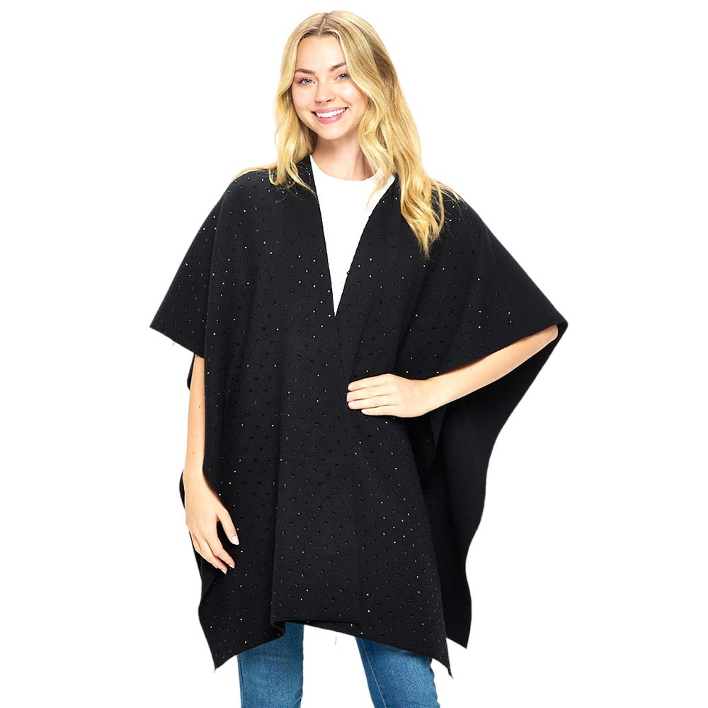 Black Jet Bling Solid Ruana Poncho, Crafted from soft fabric, this poncho features a luxurious sparkle for a touch of glamour. With a ruana-style cut, the poncho is designed for maximum comfort and added coverage. Perfect for cooler days, it will quickly become a wardrobe staple. Give the perfect gift with this poncho.
