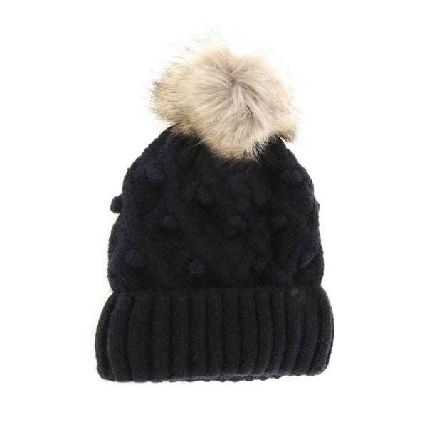 Black KIDS Bobble Knit Faux Fur Pom C.C Beanie combines warmth and style, offering cozy comfort with its soft knit fabric and a plush faux fur pom-pom. Designed specifically for children, it provides a secure, comfortable fit to keep little heads warm during colder months while adding a playful, fashionable touch. Durable and easy to wear, this beanie is ideal for everyday winter activities. 