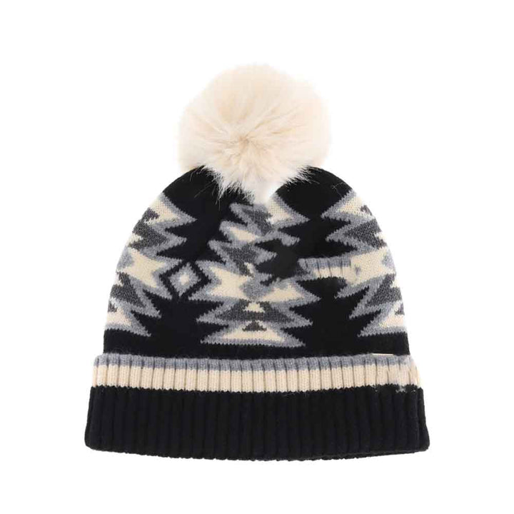 Black KIDS Southwestern Faux Fur Pom C.C Beanie combines warmth and style with its soft knit fabric and plush faux fur pom. Designed for comfort and durability, this beanie offers excellent protection against cold weather while showcasing a distinctive southwestern pattern. Ideal for everyday wear, it keeps children cozy with a well-blended mix of function and fashion. 