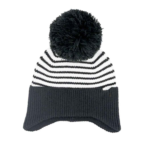 Black Kids Stripe Earflap Yarn C.C Pom Beanie is expertly designed to provide superior warmth and comfort for children. Featuring earflaps for added protection against cold winds and a soft pom-pom accent, this beanie is crafted from high-quality yarn to ensure durability and insulation. Its vibrant striped pattern offers a stylish, playful look while maintaining practical functionality for outdoor winter activities. 