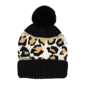 Black Leopard Patterned Pom Pom Beanie Hat, wear this beautiful beanie hat with any ensemble for the perfect finish before running out the door into the cool air. An awesome winter gift accessory and the perfect gift item for Birthdays, Stocking stuffers, Secret Santa, holidays, anniversaries, Valentine's Day, etc.