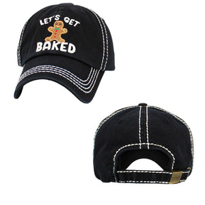 Black Let's Get Baked Message Gingerbread Man Pointed Vintage Baseball Cap, Crafted with a curved visor and adjustable back closure, this baseball cap adds a pop of fun to any sporty or casual outfit. The stitched design features a delicious gingerbread man making it a nice gift choice for sports lovers on Christmas days.