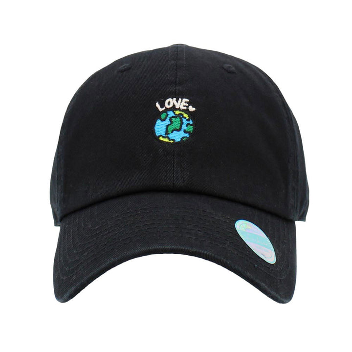 Black Love Earth Embroidered Baseball Cap, Made with love for the earth, this embroidered baseball cap is a stylish and sustainable choice for any fashion lover. Crafted with organic cotton, each cap helps to reduce environmental impact while adding a bold accessory to any outfit. Show your love for the planet Earth.