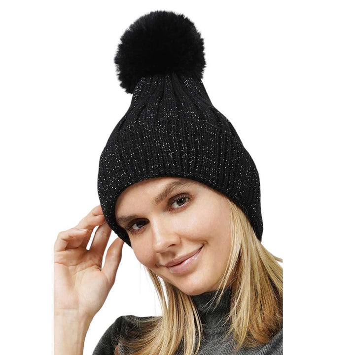 Black Lurex Ribbed Knit Pom Pom Beanie Hat, wear this beautiful beanie hat with any ensemble for the perfect finish before running out the door into the cool air. An awesome winter gift accessory and the perfect gift item for Birthdays, Christmas, Stocking stuffers, holidays, anniversaries, Valentine's Day, etc.