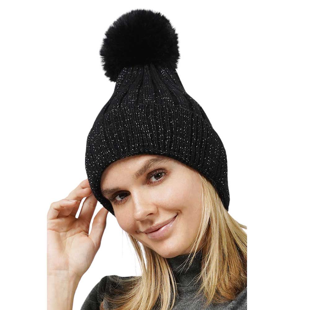 Black Lurex Ribbed Knit Pom Pom Beanie Hat, wear this beautiful beanie hat with any ensemble for the perfect finish before running out the door into the cool air. An awesome winter gift accessory and the perfect gift item for Birthdays, Christmas, Stocking stuffers, holidays, anniversaries, Valentine's Day, etc.