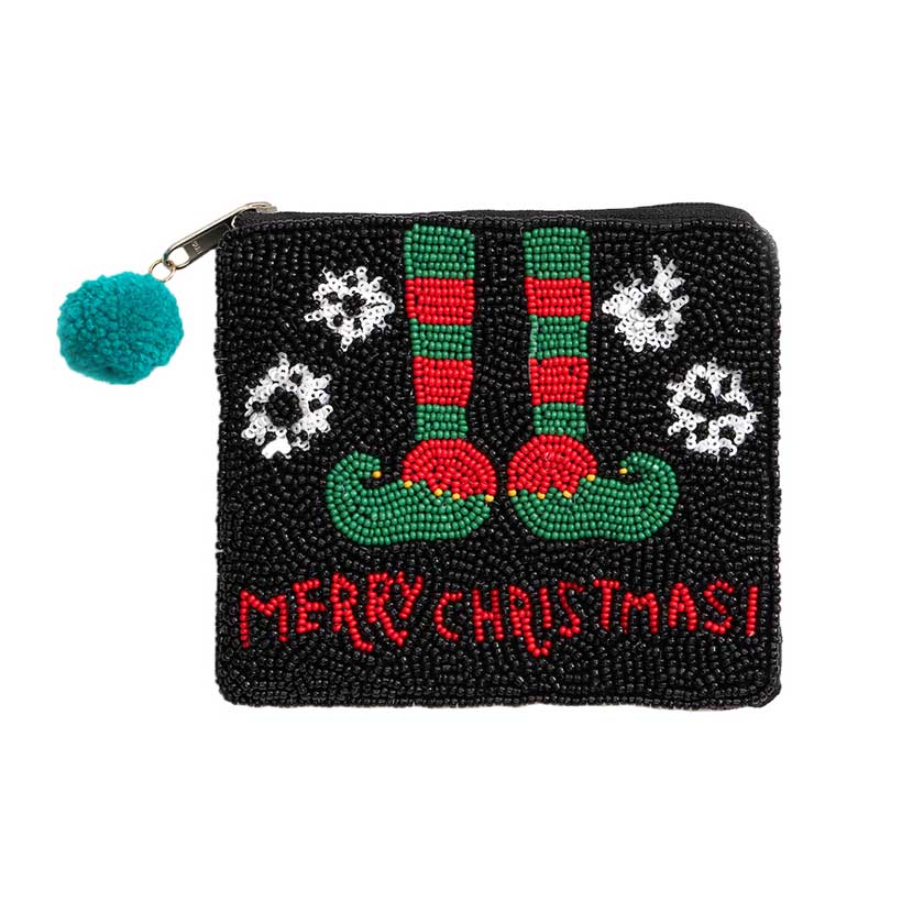 Black Merry Christmas Message Beaded Elf Shoes Mini Pouch Bag, Be the ultimate fashionista while carrying this trendy message-themed mini pouch bag! Add the perfect luxe to your Christmas attire with it. This is the perfect gift for Christmas, especially for your friends, family, and the people you love and care about.