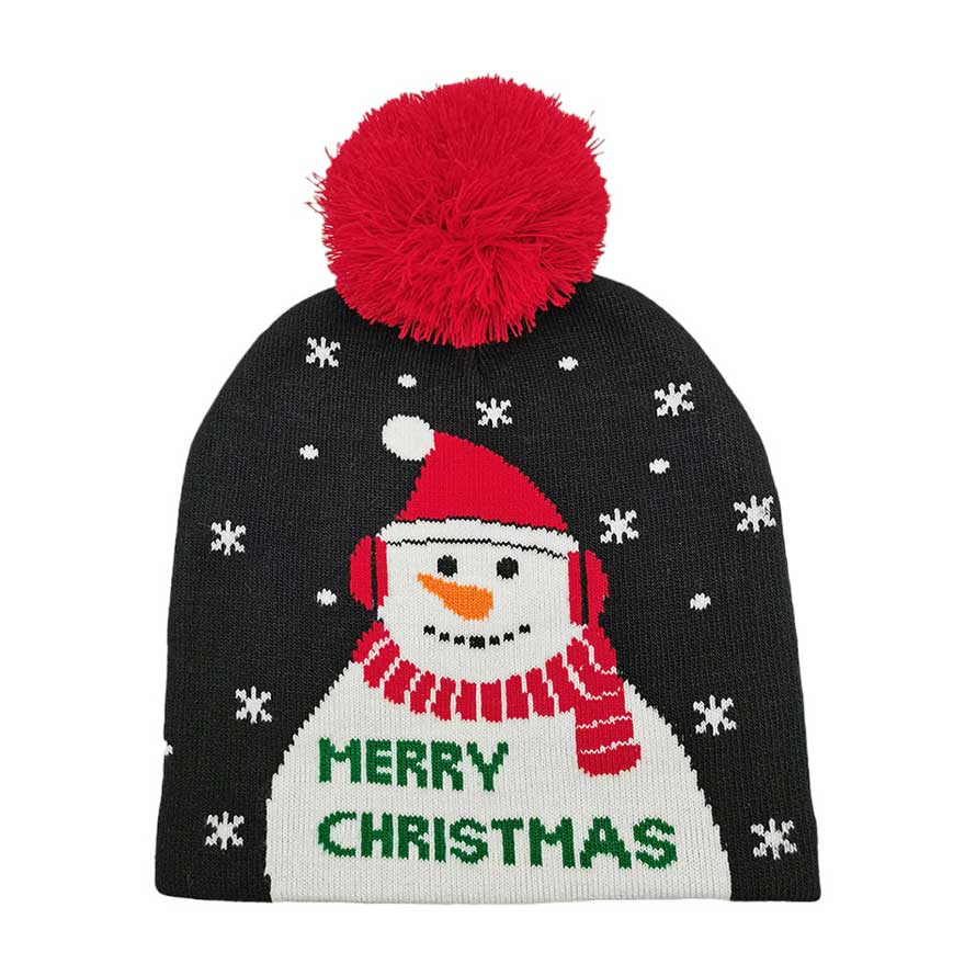 Black Merry Christmas Message Snowman Pom Pom Beanie Hat, is perfect for keeping you warm and festive during the winter season. It features a detailed embroidered snowman design stitched on the front, with the phrase “Merry Christmas” for a delightful holiday look. An ideal chilly gift to friends or family members.