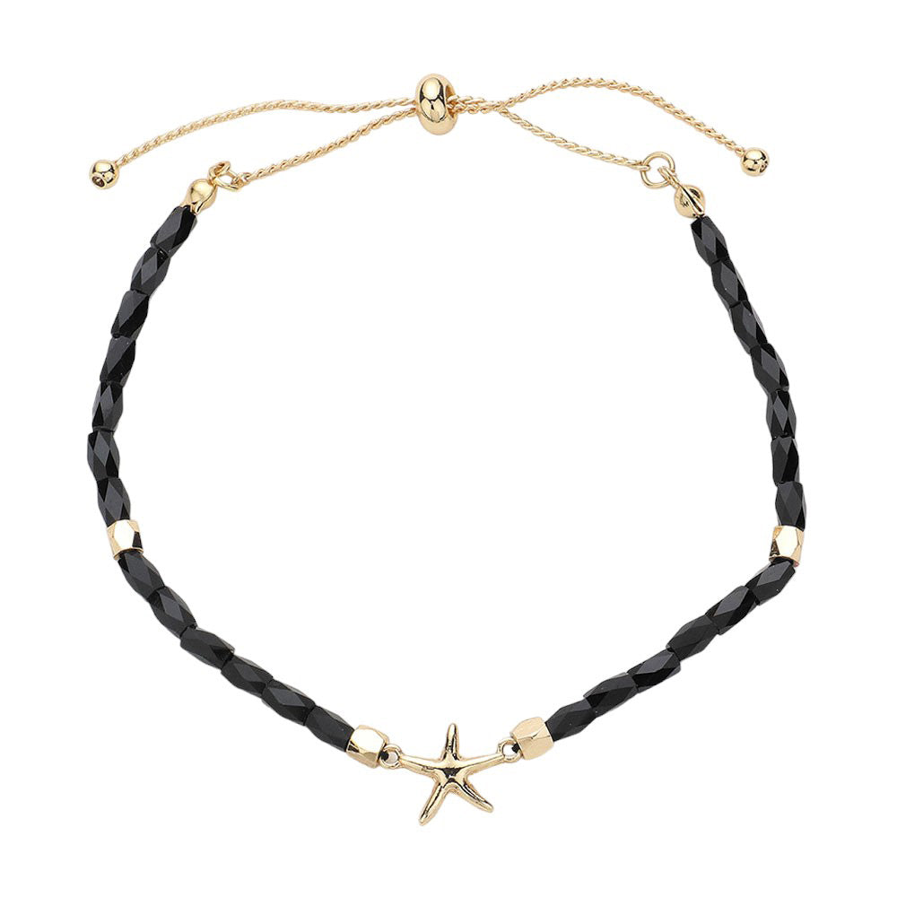 Black Metal Starfish Pointed Faceted Beaded Pull Tie Cinch Bracelet! Perfect for any occasion, this bracelet features a stunning metal starfish charm and intricately faceted beads that add a touch of elegance and style. Elevate your look and make a statement with this unique and versatile bracelet.