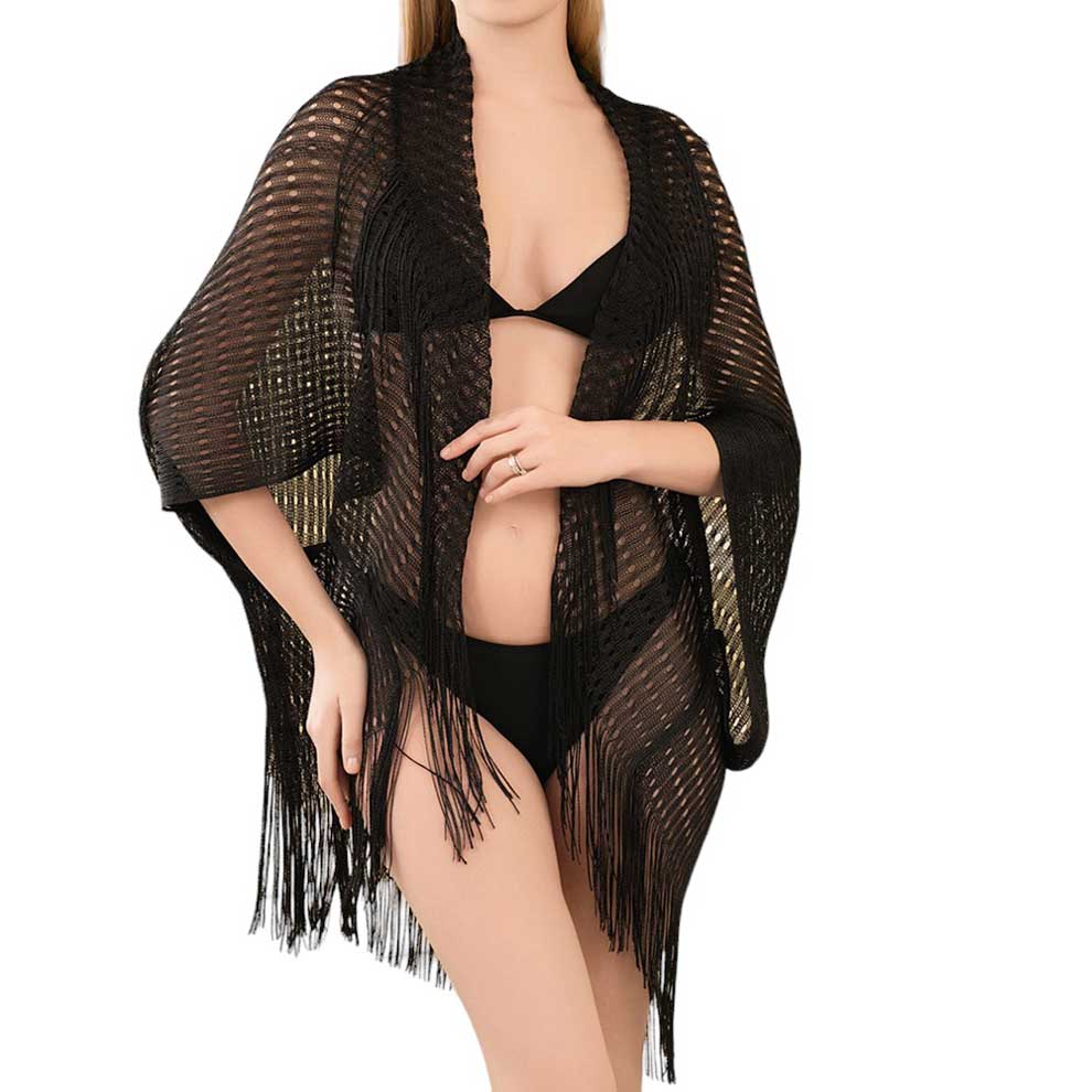 Black Metallic Tassel Cover Up Kimono Poncho, Add some shimmer to your beach look with our cover up poncho. This stylish and playful cover up doubles as a kimono and poncho, perfect for any pool party or beach day. Stand out with the metallic detailing and have fun with the tassel accents.