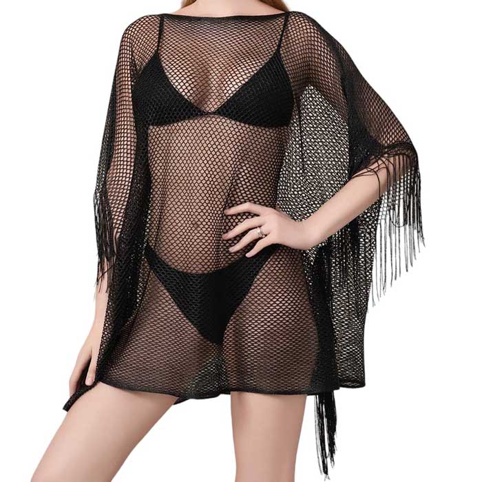 Black Metallic Tassel Cover Up Kimono Poncho, Add some shimmer to your beach look with our cover up poncho. This stylish and playful cover up doubles as a kimono and poncho, perfect for any pool party or beach day. Stand out with the metallic detailing and have fun with the tassel accents.