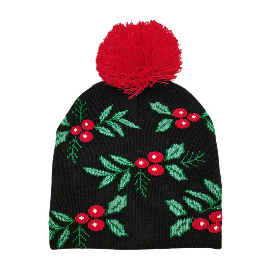 Black Mistletoe Pom Pom Beanie Hat. You'll love the classic look of the hat. Its cozy design combines style and comfort for a winter-ready look. Made with high-quality materials, this beanie is soft. Enjoy the festive look of the mistletoe pom pom, perfect for the winter season. Ideal gift item for any winter occasion.
